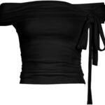 Irregular Knotted Straps Off-Shoulder Top Sexy Temperament Pleated Slim Fit Versatile T-Shirt