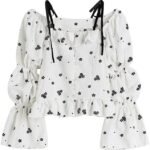 Retro Floral Print Women Blouses Baggy Puff Sleeve Ruffle Top Slash Neck Off Shoulder Clothes