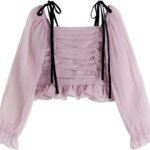 Off Shoulder Pleated Mesh Shirt Women Sweet Vintage Square Collar Long Sleeve Ladies Chiffon Tops