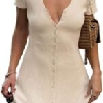 Women Sexy V Neck Button Down Knitted Short Dress Slim Fit Cap Sleeve Flowy Swing Going Out Mini Dress Summer