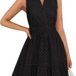 women Summer Sleeveless Mini Dress V Neck Hollow Out Eyelet High Waist A Line Swing Short Party Dresses