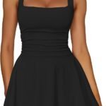 women Square Neck Ruffle Hem Mini Dress Ruched Waist Short Party Dresses