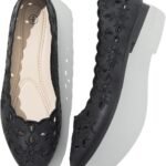 Women's Comfortable Dress Shoes Ballet Flats Slip On Shoes Black Flats Round Toe PU Leather Flats Summer with Floral Eyelets