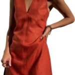 women Summer Cotton Linen V Neck Short Dress Sleeveless Mini Dress Casual A Line Tank Sundress