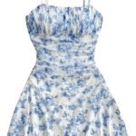 women Floral Print Ruched Cami Dress Spaghetti Strap Ruffle Hem Mesh Mini Dress