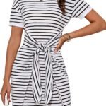 Striped Shirt Dresses for Women Front Tie Crewneck Wrap Dress Short Sleeve T-Shirt Casual Mini Bodycon Dress