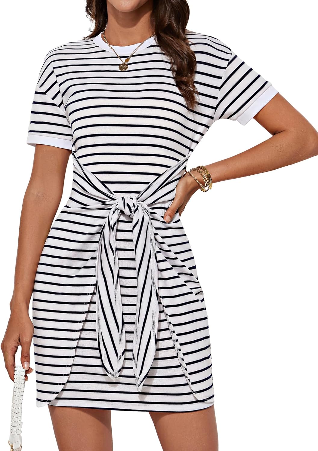 81CqvgAR7bL._AC_SL1500_.jpg Striped Shirt Dresses for Women Front Tie Crewneck Wrap Dress Short Sleeve T-Shirt Casual Mini Bodycon Dress - Image 1